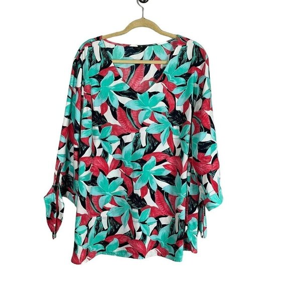 Talbots Floral Top 2X Green Tropical Coastal Resort Preppy Classic Colorful 80s - Picture 1 of 12